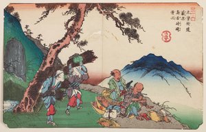 Yabuhara, viaggiatori e donne con fascine, tavola 36 della serie: Le sessantanove stazioni della Kisokaido - Kisokaido rokujukyu tsugi-no uchi da Keisai Eisen