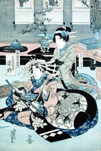 Due signore sedute, una suona il samisen da Keisai Yeisen
