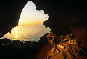Teschio di donna Neanderthal, strumenti scheggiati e ossa di un stambecco - capra selvatica, Gibilterra, 2008 da Kenneth Garrett