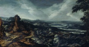 Paesaggio panoramico con Tobia e l