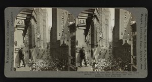 Su Broad St. vicino a Wall St., con vista sul "Curb Market", a nord verso la Borsa e la Tesoreria, New York City da Keystone View Company