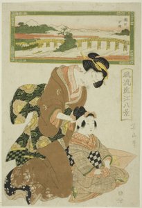 Bagliore serale a Seta (Seta sekisho), dalla serie "Otto vedute alla moda di Omi (Furyu Omi hakkei)" da Kikukawa Eizan