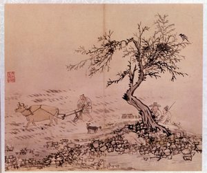 Arte coreana: scena di aratura. Stampe di Kim Hong-do (Kim Hong Do) o Danwon (1745-ca. 1806)