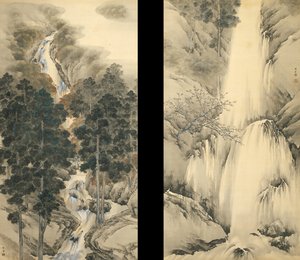 Cascata in primavera e autunno Set di due rotoli appesi, 1893 da Kishi Chikudo