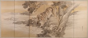 Schermo a sei pieghe che raffigura una tigre che beve da Kishi Ganku