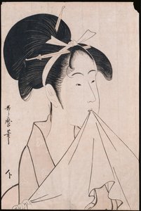 Ritratto a busto di Okita del Naniwaya che tiene un asciugamano in bocca e allunga il tessuto da Kitagawa Utamaro