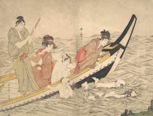 Gita in barca con bambini che nuotano da Kitagawa Utamaro