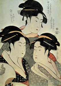 Primo piano di un dipinto di tre donne, Kitagawa Utamaro, era Kansei, Giappone da Kitagawa Utamaro