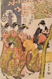 Cortigiane che passeggiano sotto i ciliegi davanti al Daiko, c.1789 (stampa xilografica oban tate-e, colore su carta) (dettaglio) da Kitagawa Utamaro