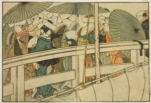 Attraversamento di un ponte in estate, dal libro illustrato "Libro illustrato: Fiori delle quattro stagioni (Ehon shiki no hana)," vol. 1