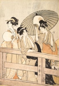 Godendo la fresca brezza serale sul e sotto il ponte da Kitagawa Utamaro