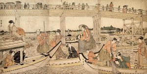 Barche da pesca con reti sotto il ponte di Ryogoku da Kitagawa Utamaro