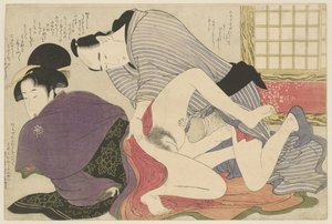 Geisha e amante vicino a un paravento da Kitagawa Utamaro