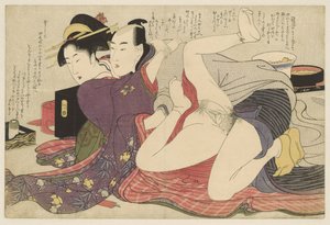 Geisha in kimono con maniche lunghe e il suo amato da Kitagawa Utamaro