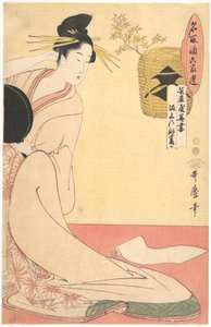 "Hanazuma di Hyōgoya, Kenbishi di Sakagami" dalla serie *I grandi del sakè paragonati a illustri esponenti delle sei casate* (Natori zake rokkasen: Hyōgoya Hanazuma, Sakagami no Kenbishi) da Kitagawa Utamaro