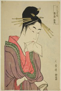 Hinazuru del Keizetsuro, dalla serie "Confronto dei fascini delle bellezze (Bijin kiryo kurabe) (Keizetsuro Hinazuru)" da Kitagawa Utamaro