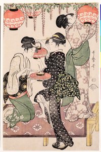 Ragazze di una casa da tè giapponese che appendono lanterne a un graticcio di glicine da Kitagawa Utamaro