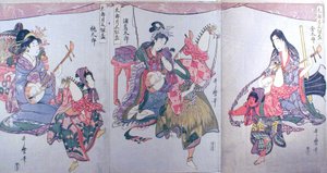 Kintaro, Urashimataro e Momotaro, dal trittico "Set di tre tazze da sake per il primo mese (Tarozuki mitsugumi sakazuki)". da Kitagawa Utamaro