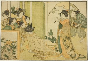 Spettacolo di Manzai di Capodanno nella dimora di un signore feudale, dal libro illustrato "Libro illustrato: Fiori delle quattro stagioni (Ehon shiki no hana)", vol. 1 da Kitagawa Utamaro
