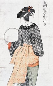 Ohisa della casa da tè Takashima, donna in kimono con ventaglio, stampa d