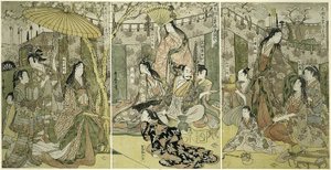 Immagine di Hideyoshi e le sue Cinque Mogli che Ammirano i Fiori di Ciliegio a Higashiyama da Kitagawa Utamaro