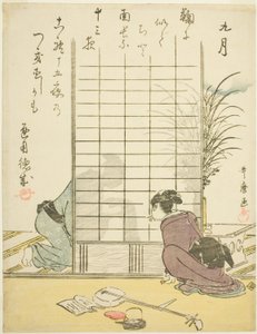 Il nono mese (Kugatsu), da una serie senza titolo di scene di genere nei dodici mesi, con poesie kyoka da Kitagawa Utamaro