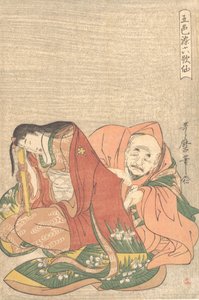 Il poeta Sojo Henjo 816-890 che infila una lettera nella manica di una donna da Kitagawa Utamaro