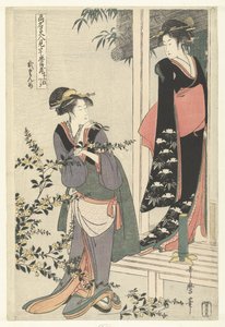 Due donne vicino a un cespuglio di yamabuki in fiore: il secondo atto da Kitagawa Utamaro