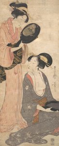Due signore, ciascuna con una parte di uno specchio laccato, 1790s da Kitagawa Utamaro