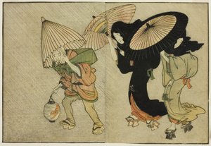 Due donne e un attendente sorpresi da una tempesta, dal libro illustrato "Libro dei fiori delle quattro stagioni," vol. 2 da Kitagawa Utamaro