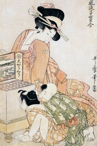Due bambini che guardano in una grande scatola ottica da Kitagawa Utamaro