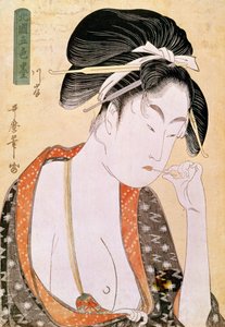 Donna che desidera le labbra (stampa giapponese) di Utamaro Kitagawa (1753-1806). XVIII secolo. Parigi, Museo Guimet, Museo delle Arti Asiatiche