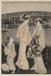 Donne che godono il fresco della sera vicino al ponte Ryogoku
