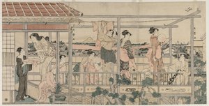 Donne che stendono il bucato su un balcone da Kitagawa Utamaro