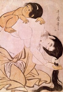 Yamauba e Kintoki. La madre si pettina i capelli mentre porta il bambino sulla schiena. Stampa giapponese di Utamaro Kitagawa (1753-1806). XVIII secolo. Parigi, Museo Guimet, Museo delle Arti Asiatiche