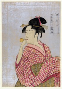 Giovane donna che soffia in una pipa di vetro, dalla serie Dieci tipi nello studio fisiognomico delle donne da Kitagawa Utamaro