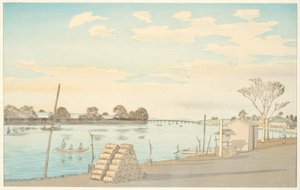 Traghetto con vista sul Monte Fuji, il fiume Okawa da Kiyochika Kobayashi