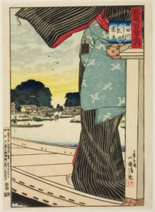 Vista lontana della collina di Matsuchi dal fiume Sumida (Sumidagawa yori Matsuchiyama enkei) dalla serie “Cento vedute della provincia di Musashi (Musashi hyakkei no uchi)"