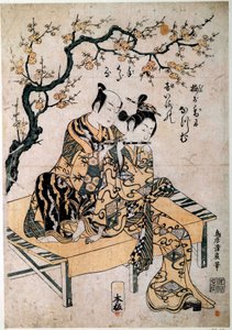 Arte giapponese: un musicista dà una lezione di flauto a una giovane donna. Stampa di Kiyohiro Torii (1737-1766) XVIII secolo Parigi, B.N.