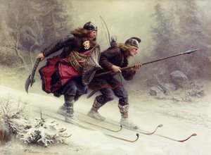 Soldati per il re norvegese Sverre, Torstein Skevla e Skjervald Skrukka che portano il figlio del re Hakon Hakonsson da Knud Bergslien