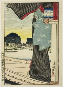 Vista lontana della collina di Matsuchi dal fiume Sumida (Sumidagawa yori Matsuchiyama enkei), dalla serie "Cento vedute della provincia di Musashi (Musashi hyakkei no uchi)"