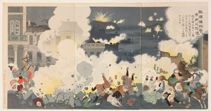 Panico nelle strade della città durante il bombardamento di Port Arthur da Kobayashi Kiyochika