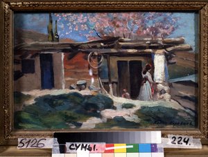 Crimea, i mandorli in fiore. Giovane donna davanti a una piccola casa di legno, sotto i mandorli rosa da Konstantin Alekseevich Korovin
