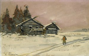 Paesaggio invernale con due capanne di legno da Konstantin Alekseevich Korovin