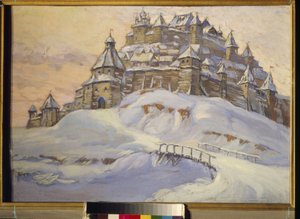 Fortezza della vecchia Russia. (Città fortificata in legno, sotto la neve in Ucraina nel Medioevo). Opera di Konstantin Ivanovich Gorbatov (1876-1945) da Konstantin Ivanovich Gorbatov