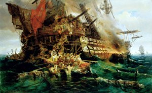 Una nave da guerra turca in fiamme da Konstantinos or Constantin Bolanachi