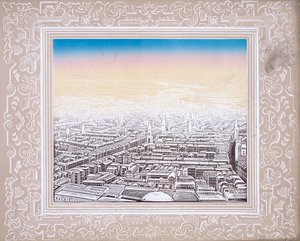 Veduta aerea di Londra incorniciata in un bordo decorativo da Kronheim and Co