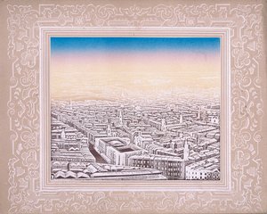 Vista aerea di Londra con bordo decorativo, c. 1845