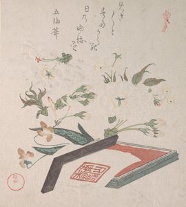 Fiori di ciliegio e scatola per sigilli con inchiostro e righello da Kubo Shunman