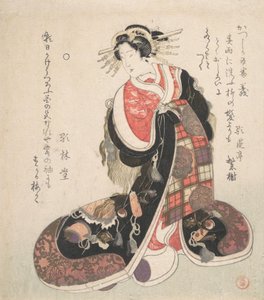 Cortigiana vestita con un abito elaborato ricamato con emblemi di buona fortuna